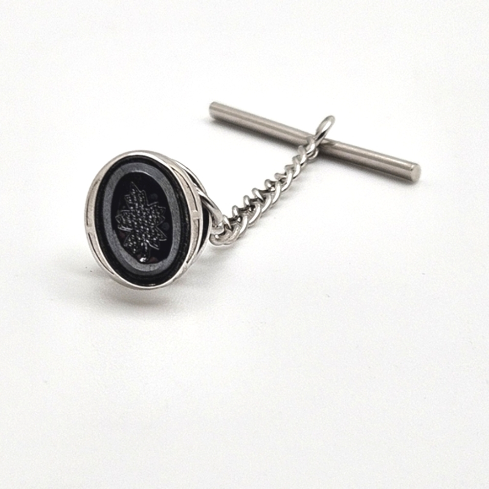 🟢3/$19🟢 Maple Leaf Onyx Carved Tie Tack Signed with a Bell Shape Silver Black